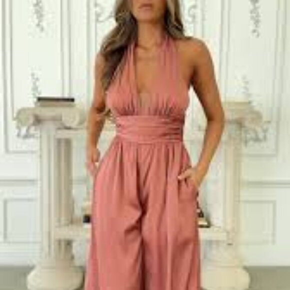 New Summer Loose Wide Leg Jumpsuits Coral Sleeveless Jumpsuit - Picture 1 of 16